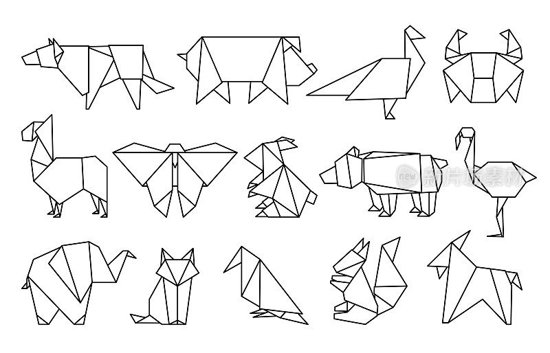 Line origami animals. Abstract polygon animals, folded paper shapes, modern japan design templates. Vector animal icons
